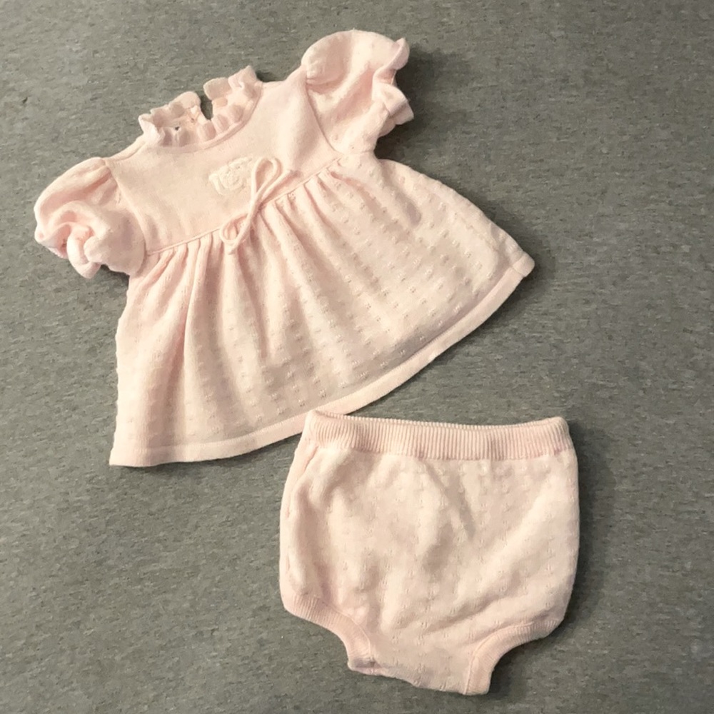 Soft Pink, two piece, ruffled knit girly outfit.